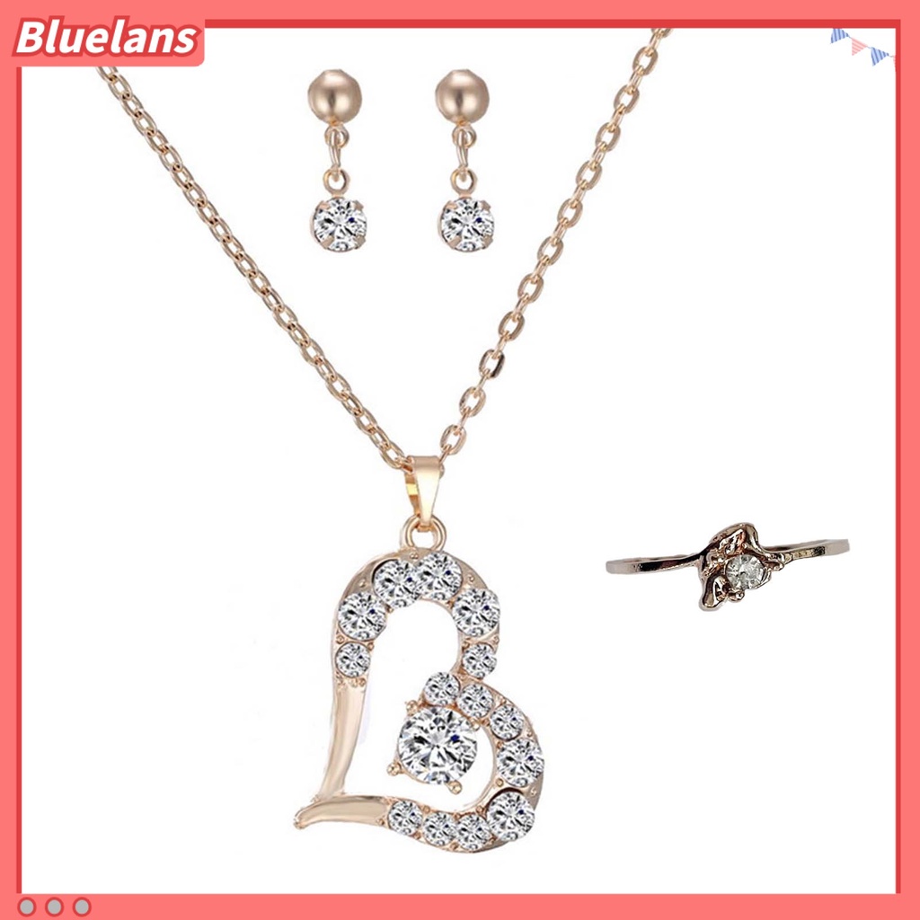 Bluelans Luxury Love Heart Pendant Rhinestone Necklace Ring Earrings Women Jewelry Set