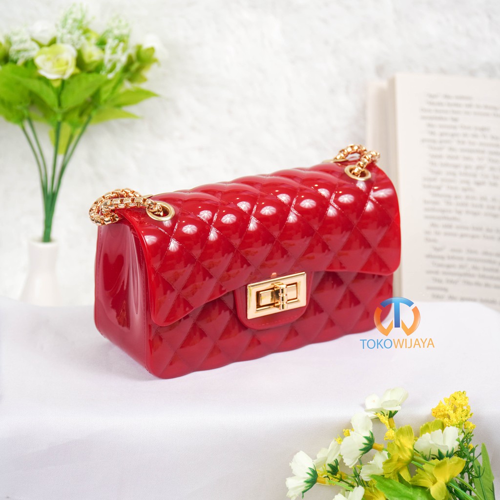 Tas Wanita Jelly Glossy Size 18 Cm Rantai Emas