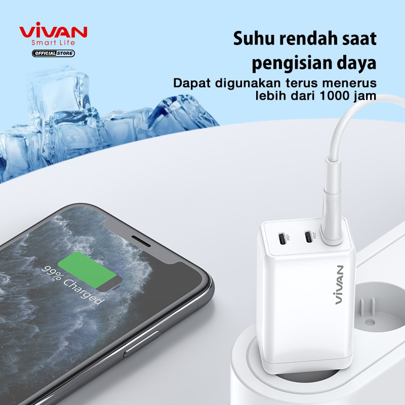 Charger VIVAN GaN01 dual Type-C dan USB 65W 5A 3 Output QC3.0 Port Quick