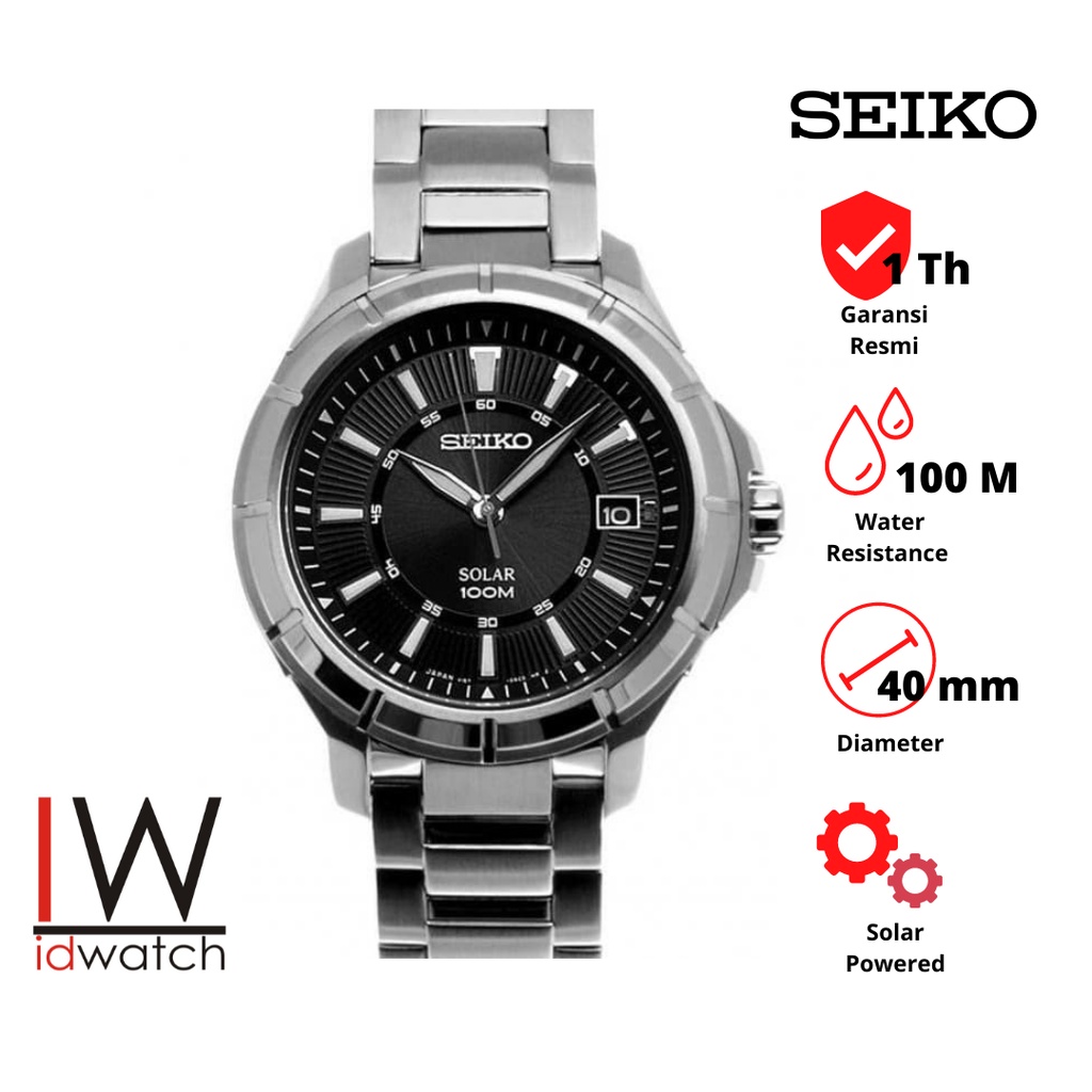 Seiko Solar SNE081P1 Jam Tangan Pria Original SNE081 Cowok Laki Strap Rantai Stainless Steel