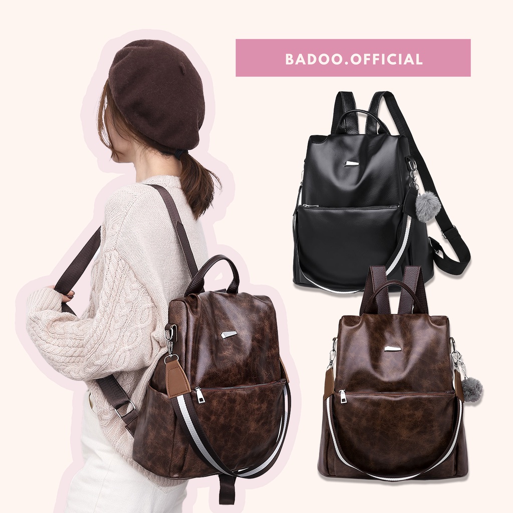9.9 SHOPEE SALE TAS RANSEL WANITA IMPORT BADOO2379 BAHAN KULIT VARIASI 2 WARNA DAPAT DIJADIKAN