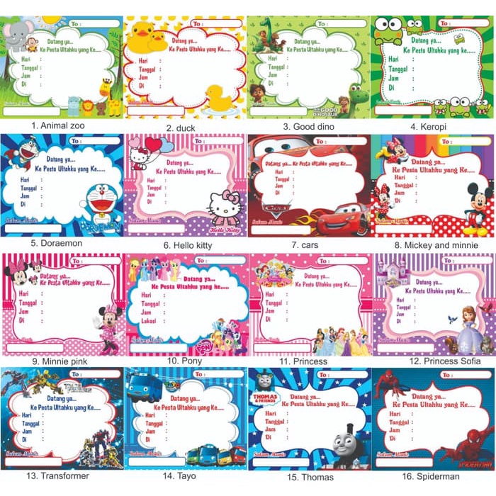 5 Pcs - Undangan Ulang Tahun Anak Pernak Pernik Pesta Ultah
