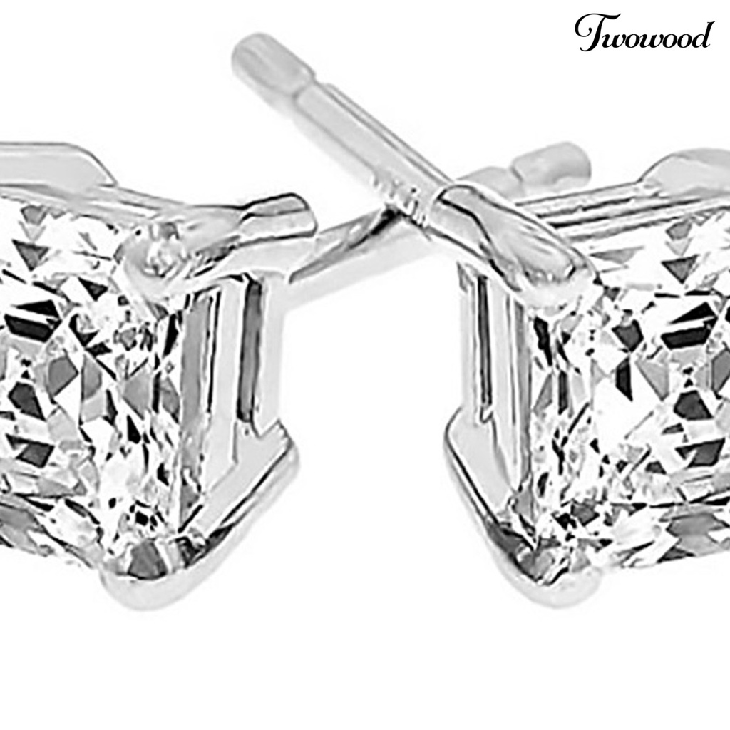 Twowood 1 Pair Exquisite Charming Women Earrings Plated Silver Square Cubic Zirconia Stud Earrings Jewelry Accessory