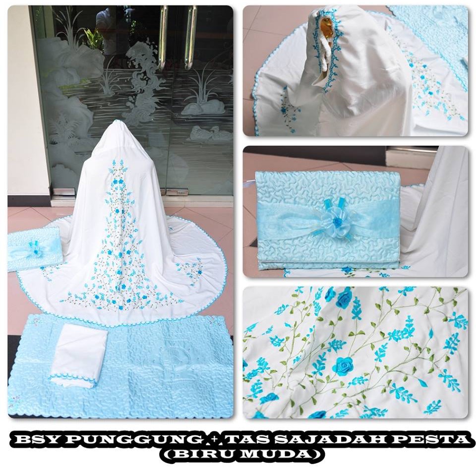 PMI MUKENA DEWASA BORDIR BSY PUNGGUNG + TAS SAJADAH PESTA BIRU MUDA