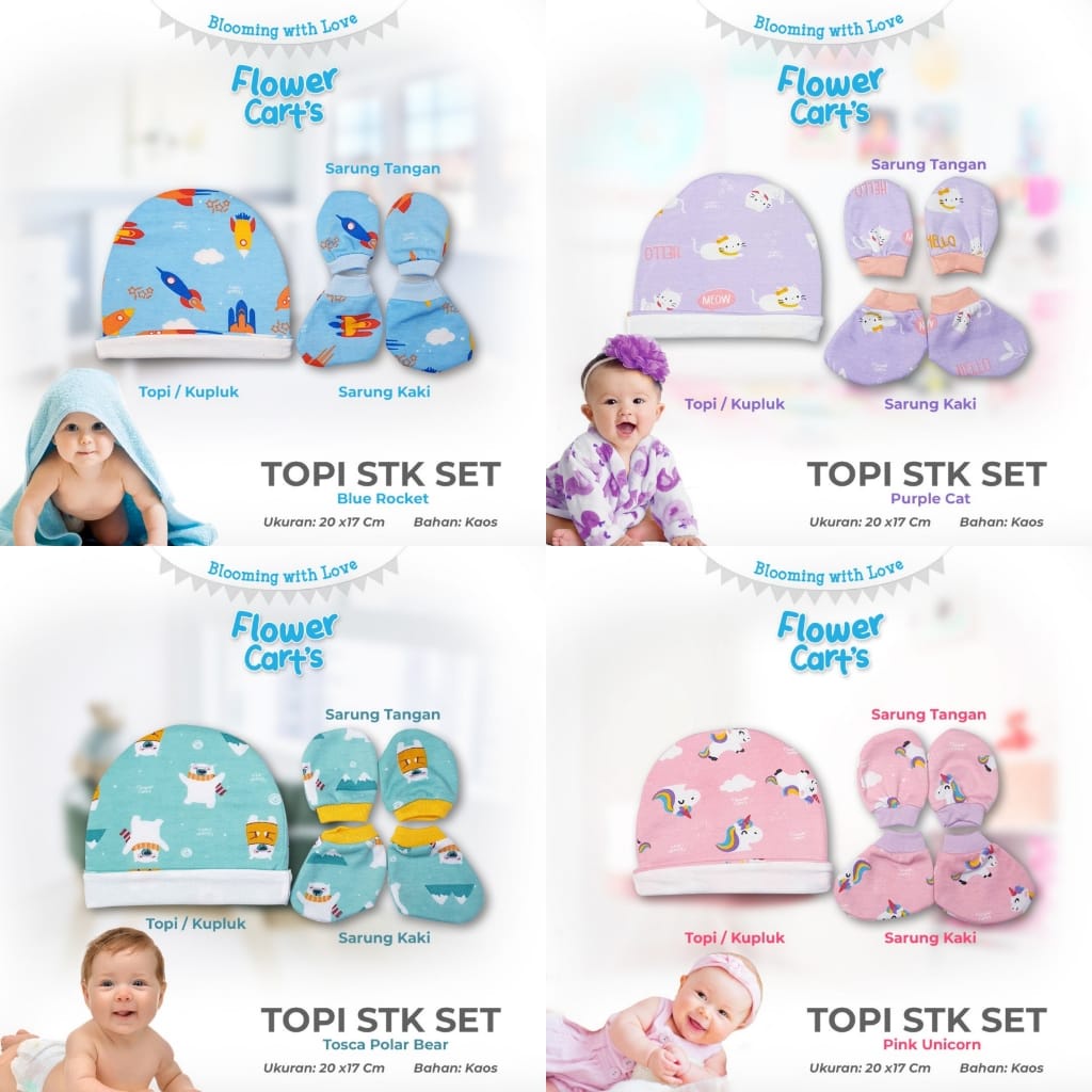 MOMS_TOPI+STK SET FLOWER//TOPI BAYI SARUNG TANGAN KAKI SET NEW BORN