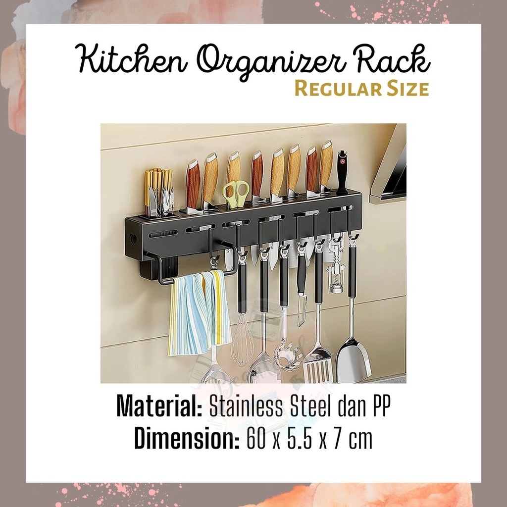 Rak Gantungan Dapur Multifungsi Dekorasi Elegan Premium 60 cm Susun Pengering Alat Masak Sutil Pisau Bumbu Dapur Sendok Garpu Gantungan Dinding Kuat Organizer Dapur Stainless Steel Kitchen Utensils Storage Rack