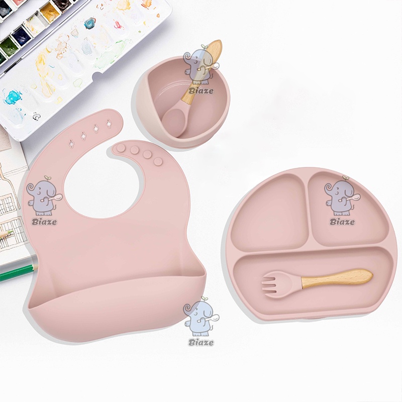 BIAZE 3 Buah Set Bayi Silicone Bib Peralatan Makan Mangkok Sendok Piring Food Grade Silikon BPA Free