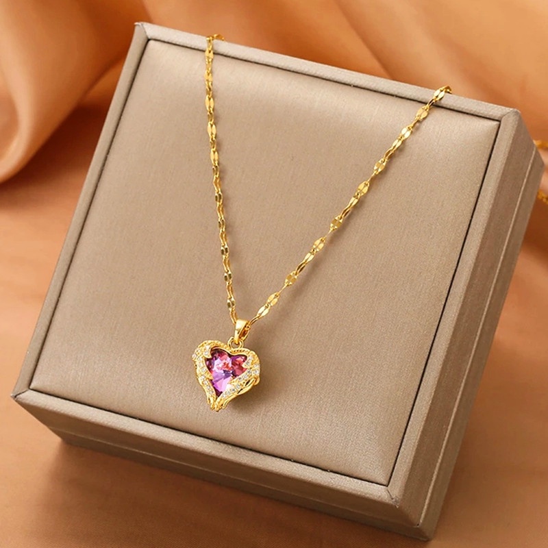 Kalung Titanium Lapis Emas 18k Kristal Hati Sayap Malaikat Wanita Perhiasan