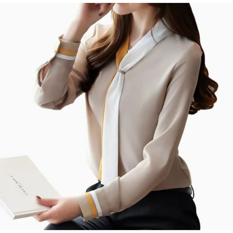 Blouse Wanita Blus Kerja Kantor Lengan Panjang Putih Polos Variasi Syal Leher Korean Style - ARRA-2
