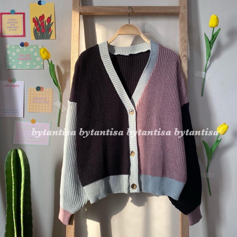 CARDIGAN RAJUT TWIST | OUTER OUTWEAR KNIT MIX WARNA KOMBINASI | CARDYGAN TEBAL PREMIUM HIGH QUALITY-Black Twist