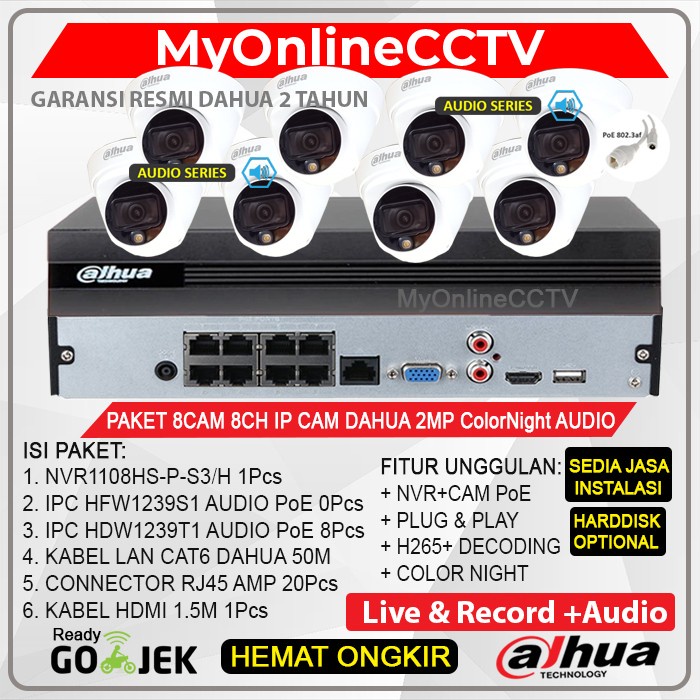 Paket CCTV Dahua 8 IP Camera 2MP Color Night Audio NVR 8Ch Indoor