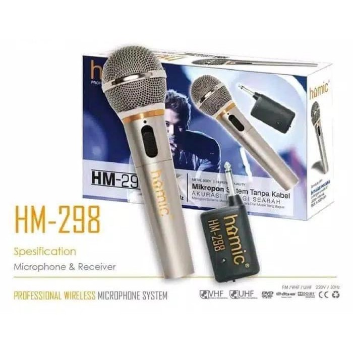 Homic HM-298 Mic Wireless 2in1 Microphone Karaoke Tanpa Kabel Original