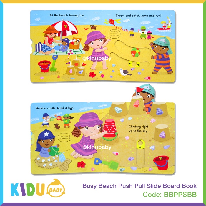 Buku Cerita Anak atau Buku Cerita Bayi Busy Beach Push Pull Slide Board Book Kidu Baby