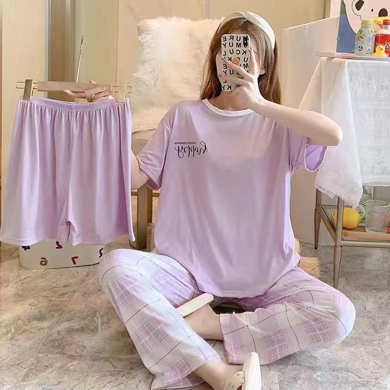 JC- Stelan Oversize 3in1 Import / Piyama 3in1 / Piyama Korea wanita terbaru Murah-3in1 Text Lilac