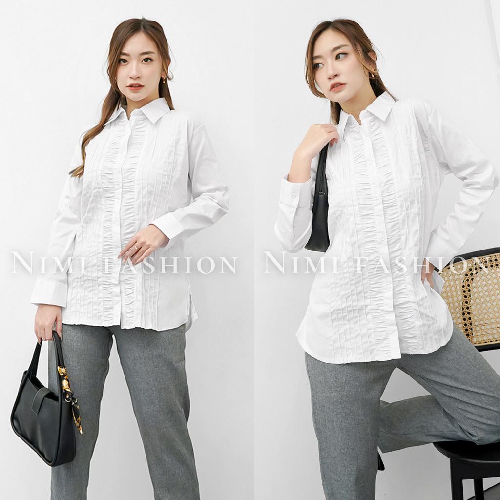 NIMI - Kemeja Putih Kantor Jumbo | Kemeja Putih Rempel Dada | Baju Kantor Formal | Atasan Kemeja Wanita