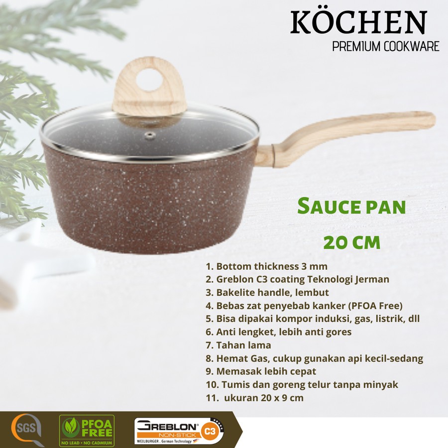 Kochen Panci Granite Saucepan 20 cm Plus Tutup Greblon Anti Lengket