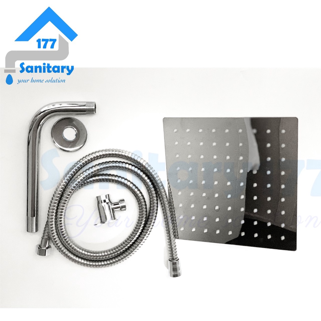 Paket bundling Wall shower Rainfall stainless kotak 20cm inch Komplit + Pipa 20cm &amp; bracket Tee tanpa bobok hitam black instalasi luar shower tembok 8 inch