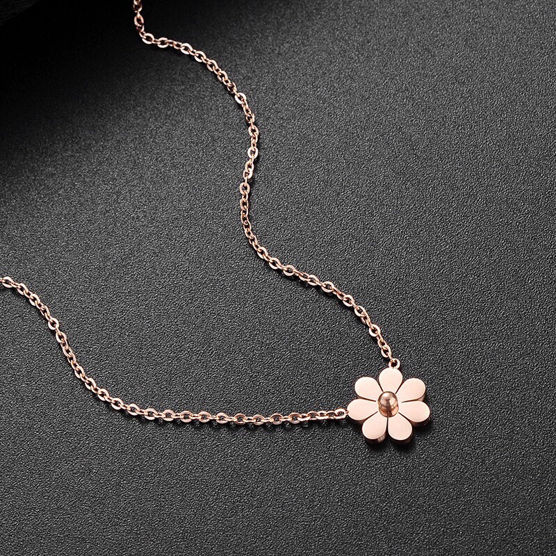 256# Kalung Wanita titanium lapis emas 18k model Tumbungan Bunga Kecil rosegold-8