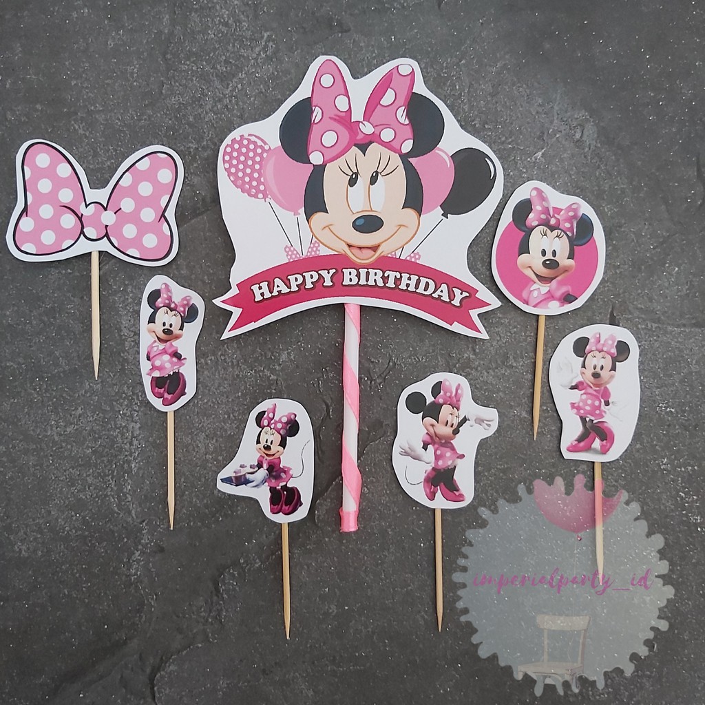 Cake Cupcake Topper Tusukan Kue Happy Birthday Minnie Mouse