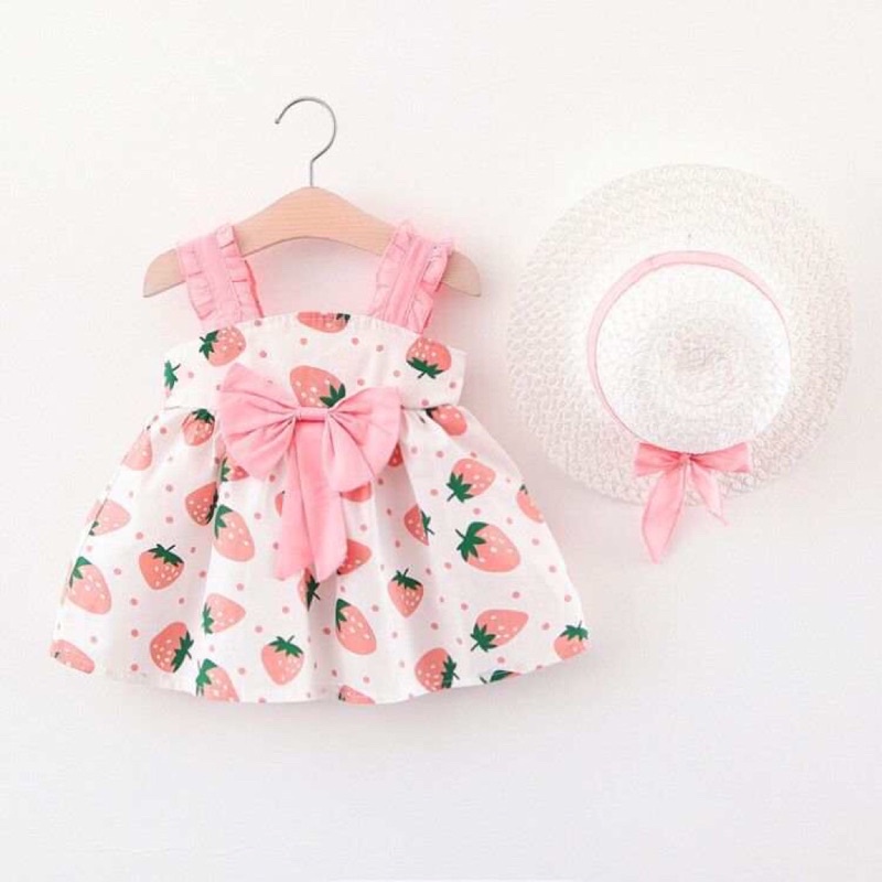 Dress Anak Perempuan Bahan Katun Import Free Topi Lucu Rok Terusan Anak Gambar Strawberry Dress Anak Musim Panas Lucu Dengan Topi