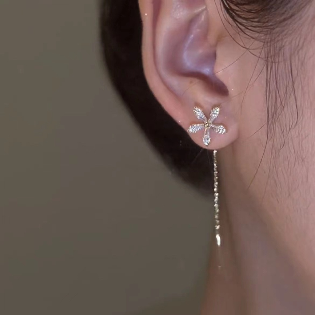 Anting Tusuk Gantung Bahan Sterling silver 925 Desain Kupu-Kupu + Bunga + zircon Gaya Korea Untuk Wanita