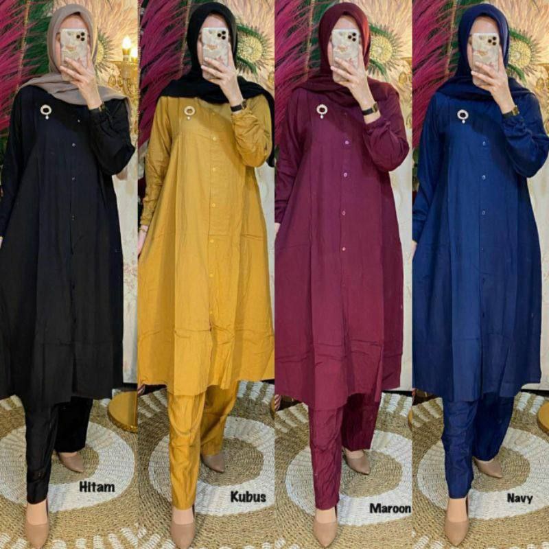 ONE SET RAYON POLOS JUMBO/ SETELAN RAYON POLOS/ SET LONG TUNIK WANITA/ SETELAN CELANA PANJANG ATASAN TUNIK WANITA TERBARU// SETCEL WANITA KEKINIAN// ONE SET VIRAL