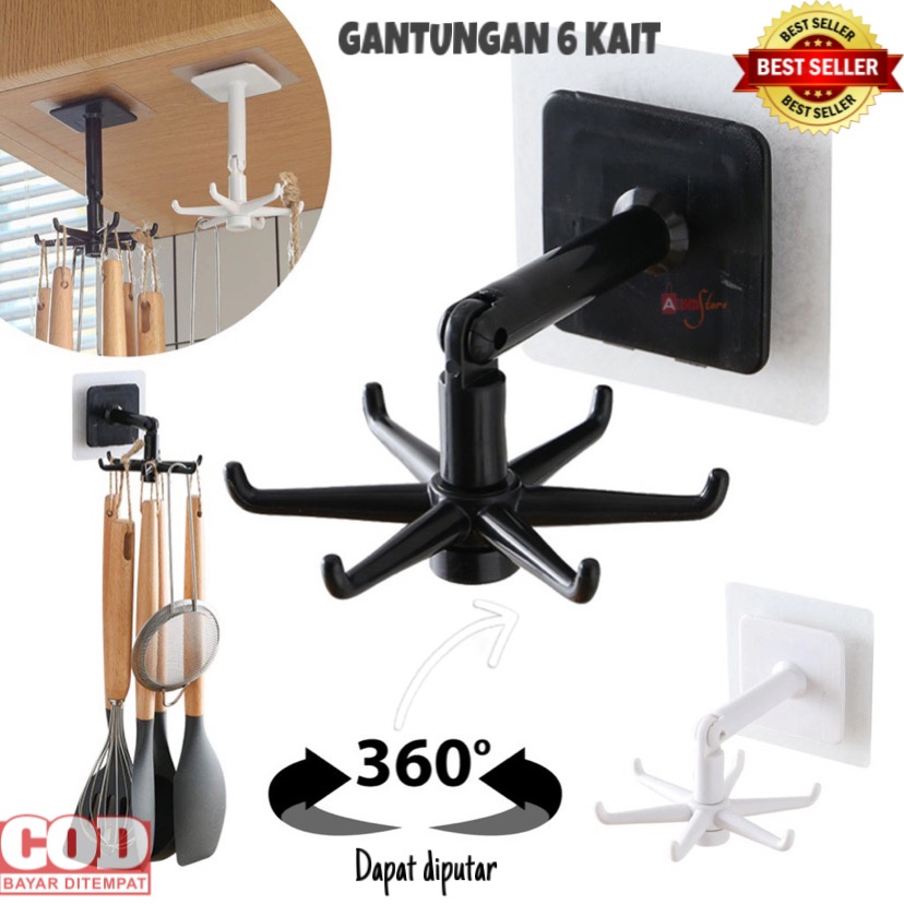 ( BISA COD ) PROMO GANTUNGAN 6 KAIT TEMPEL DINDING / GANTUNGAN TEMPEL PUTAR 6 KAIT / PUTAR 360 DERAJAT