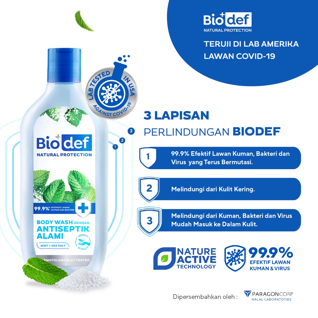 BIODEF Body Wash Antiseptik Alami Mint + Yuzu | Seasalt | Green Tea Botol 275mL