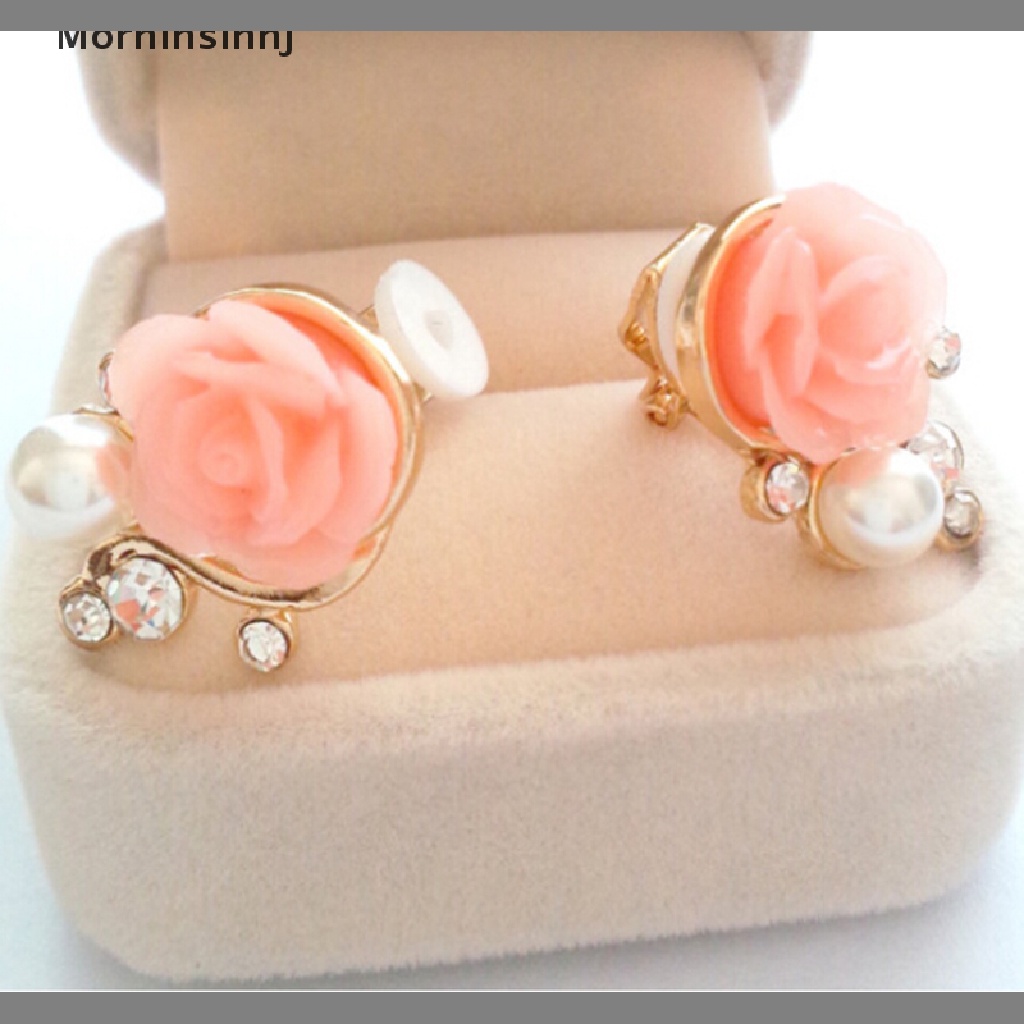 Mornin Wanita Manis Fashion Earings Rose Shaped Mutiara Buatan Berlian Stud Earrings id