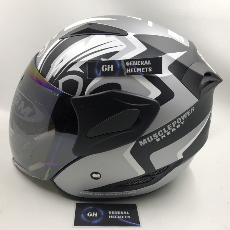 HELM GM FIGHTER MUSCLE POWER BLACK SILVER DOFF ABU DOP HALF FACE