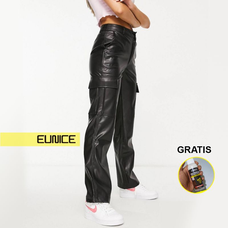 Eunice Celana Kulit Panjang Kargo Wanita - Hitam