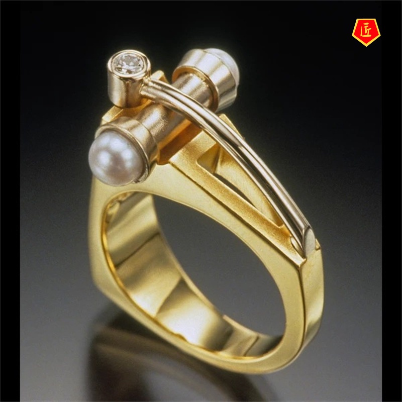 [Ready Stock]Creative Inlaid Pearl Gold Ring Dumbbell Screw Shape