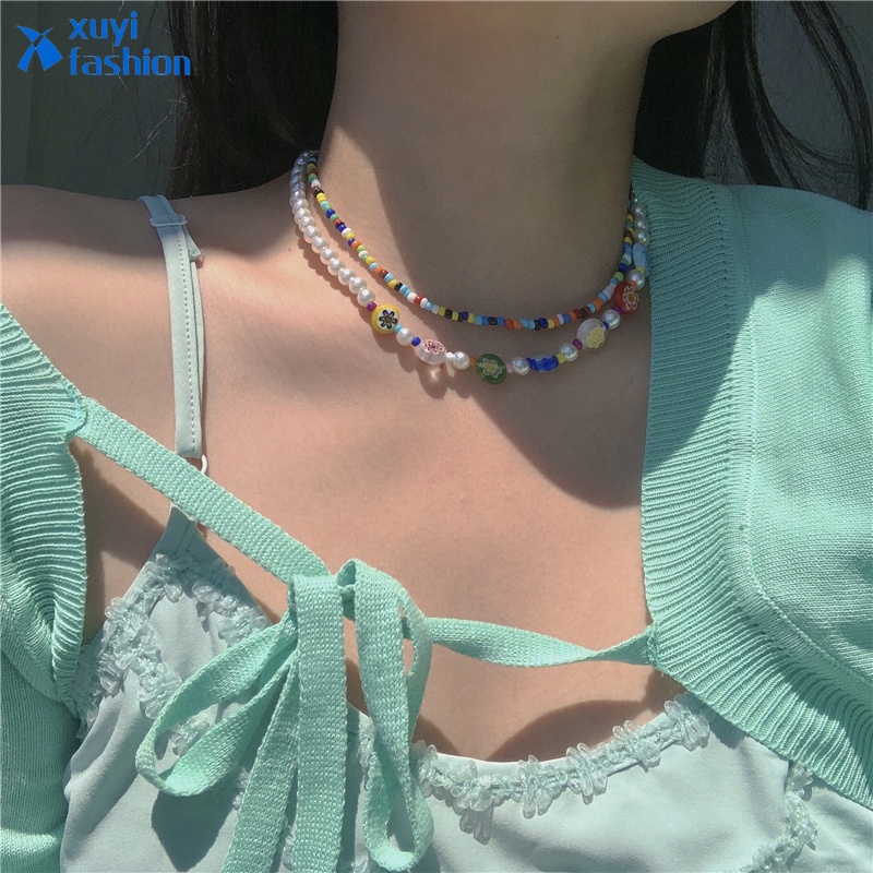 Korean Colorful Beads Pearl Necklace Choker Fashion Seed Flower Necklaces Women Jewelry Accessories