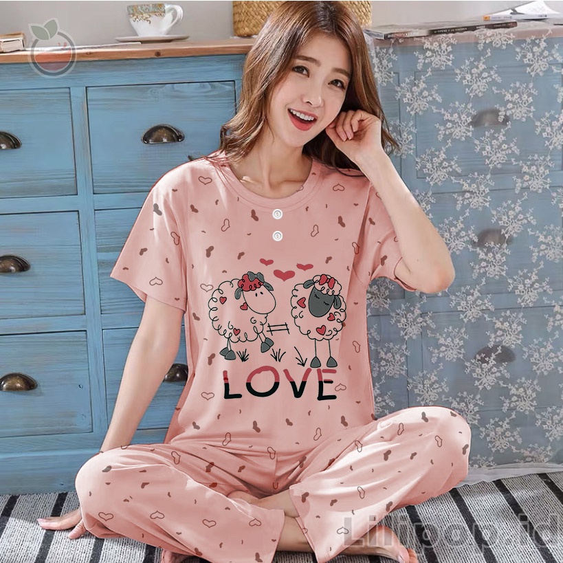 Lilipop.id  Baju Tidur Wanita CP Sheep Setelan Piyama BabyDoll Kaos Celana Panjang