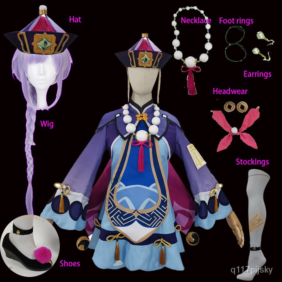 Game Genshin Impact Cosplay Qiqi Costume Wig Hat Shoes Women Zombie Purple Halloween Dress Anime Clo