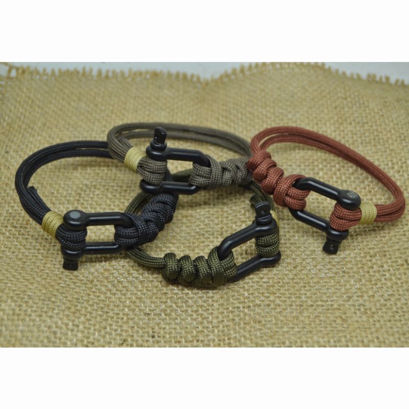 Gelang Pria Keren Hitam Polos Cowok Viral Outdoor Survival Paracord 4mm Bracelet Shackle D Premium