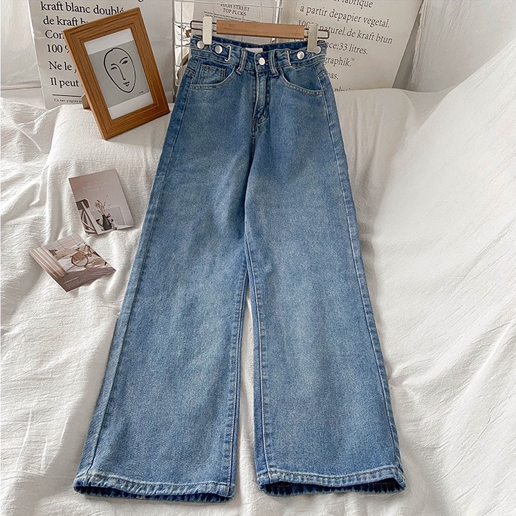 Retro pinggang tinggi longgar lurus denim gadis mahasiswa celana lebar kaki serbaguna jeans(Peta fisik）