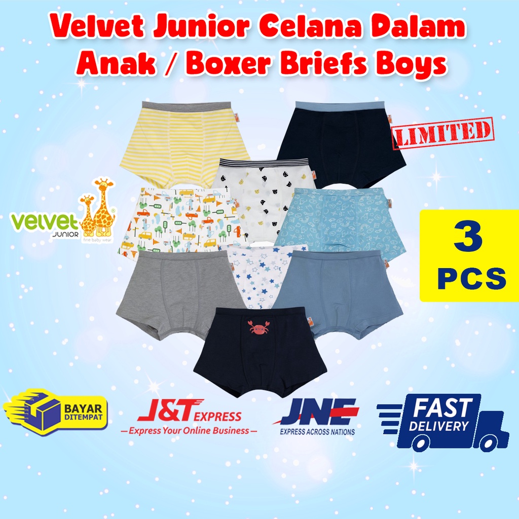 Celana Dalam Anak Laki-Laki Velvet Junior Boxer Briefs 3pcs