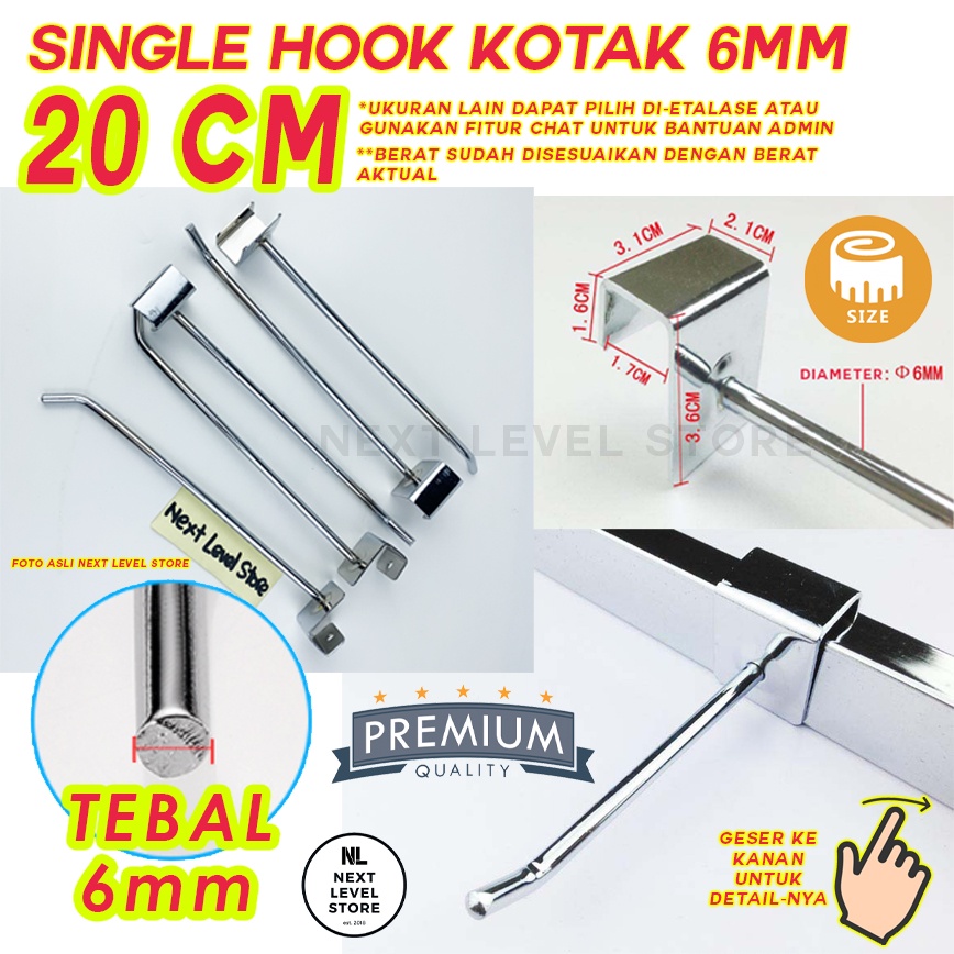 Single Hook Kotak Stainless 20cm 20 cm Cantolan Besi Tebal 6mm Ram Rak - LINK GROSIR