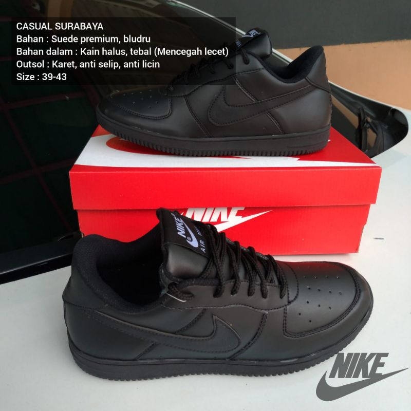 SEPATU SEKOLAH HITAM POLOS NK AIR FORCE ONE / SEPATU SEKOLAH HITAM FULL BLACK / SEPATU SEKOLAH KERJA HITAM POLOS LENTUR ALAS BAHAN KARET