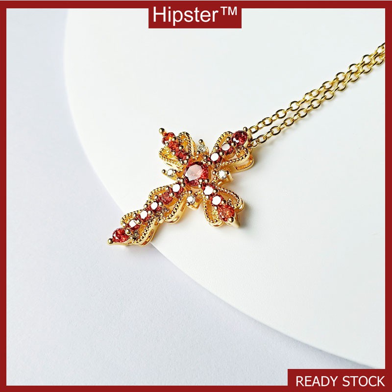 Hollow Diamond Cross Ruby Pendant Retro Affordable Luxury Gold Pendant Clavicle Chain