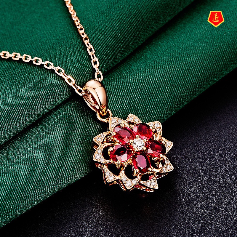 [Ready Stock]Silver Necklace Female Polygonal Ruby Pendant 18K Rose Gold Fashion