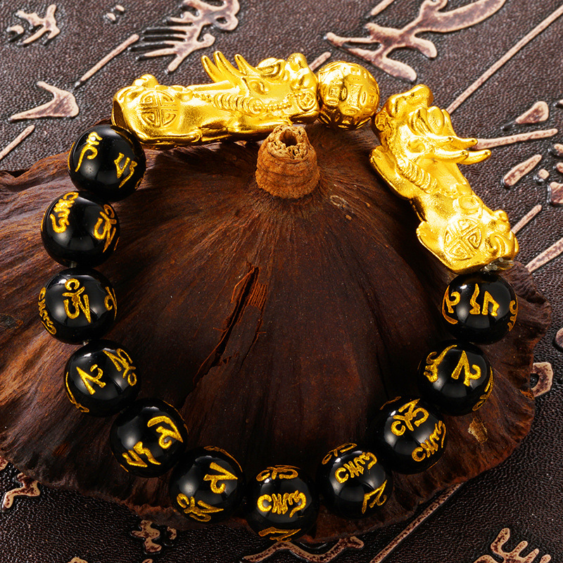 Gelang Manik-Manik Batu Akik Obsidian Warna Emas Untuk Pria