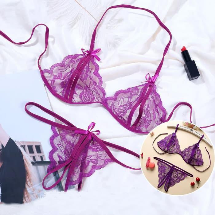 Bra Set Open G String Lingerie Wanita Lace Bra Transparan Sexy A129 - Ungu, All Size
