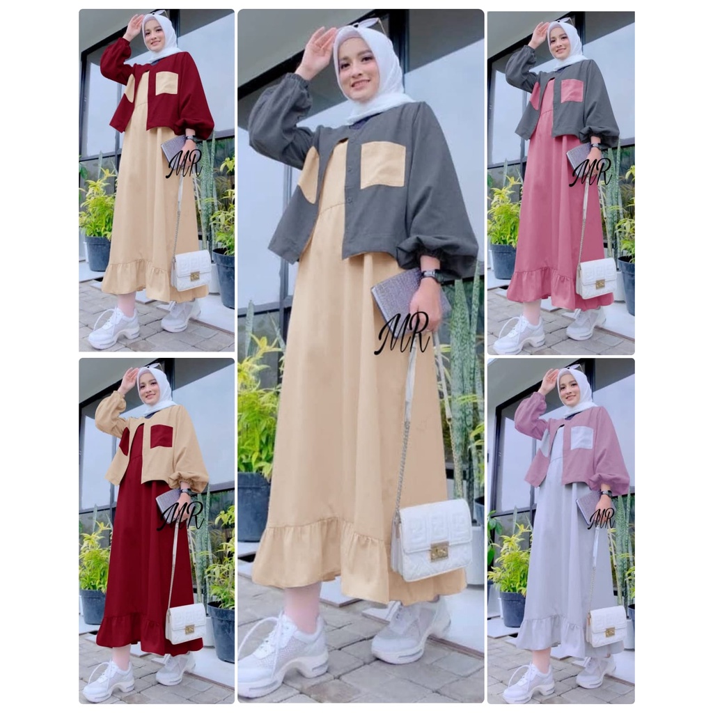 4 UKURAN ( M L XL XXL ) SET CARDI HABIBAH PAKAIAN FASHION WANITA DRESS 2IN1 INNER DAN OUTER MOSCREPE MR ADA VIDEO REAL PICT