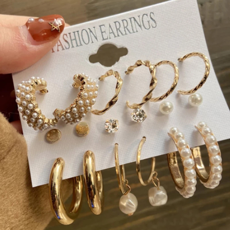 12Pcs/Set anting emas mutiara Wanita Berongga Cinta Hati anting liontin Hadiah Perhiasan Aksesoris