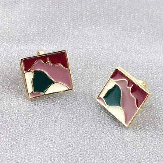 Anting Klip Enamel Bentuk Kotak Geometris Warna-Warni Untuk Wanita