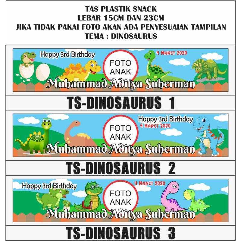 

TAS PLASTIK SNACK ULTAH / BIRTHDAY / AQIQAH / TEDHAK SITEN / TASYAKURAN MOTIF DINOSAURUS TIREX