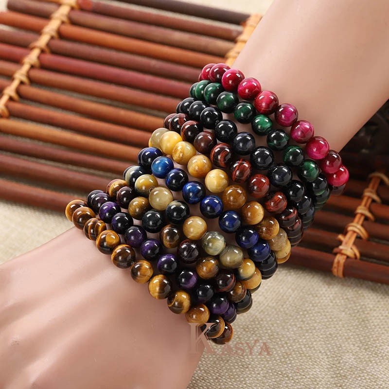 Gelang Batu Pria Wanita NATURAL TIGER EYE 8mm Elastis Red Rose Blue Green Mata Jaguar