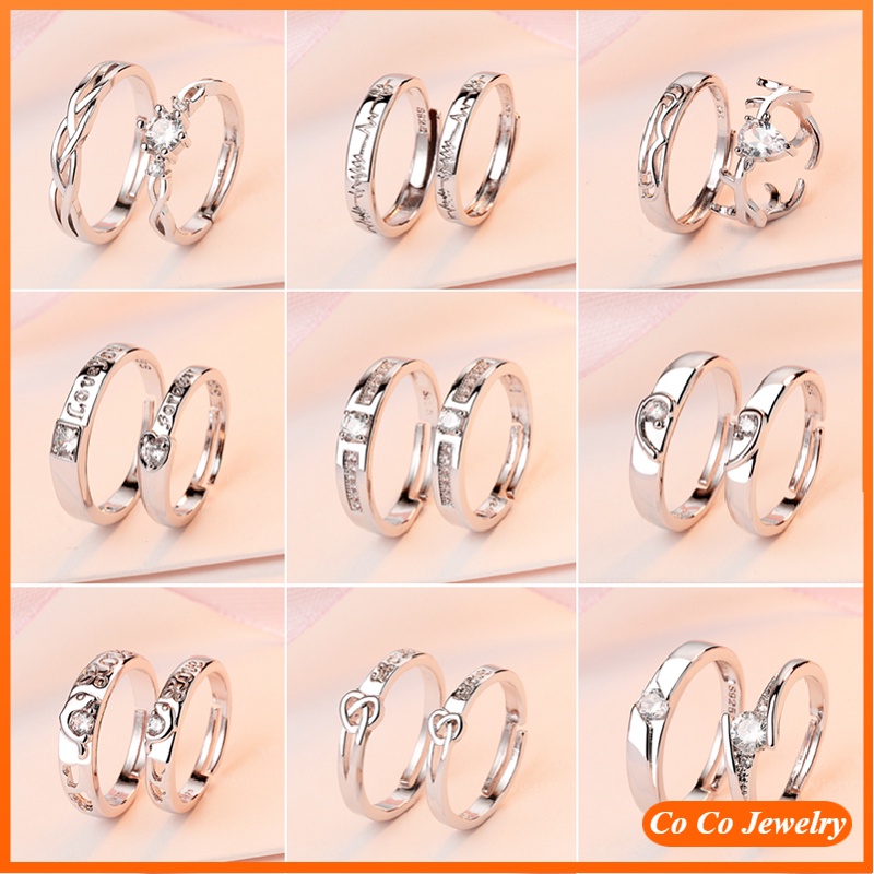 2pcs / Set Cincin Model Terbuka Bahan Sterling Silver 925 Desain Hati Hias Berlian Gaya Korea Untuk Hadiah